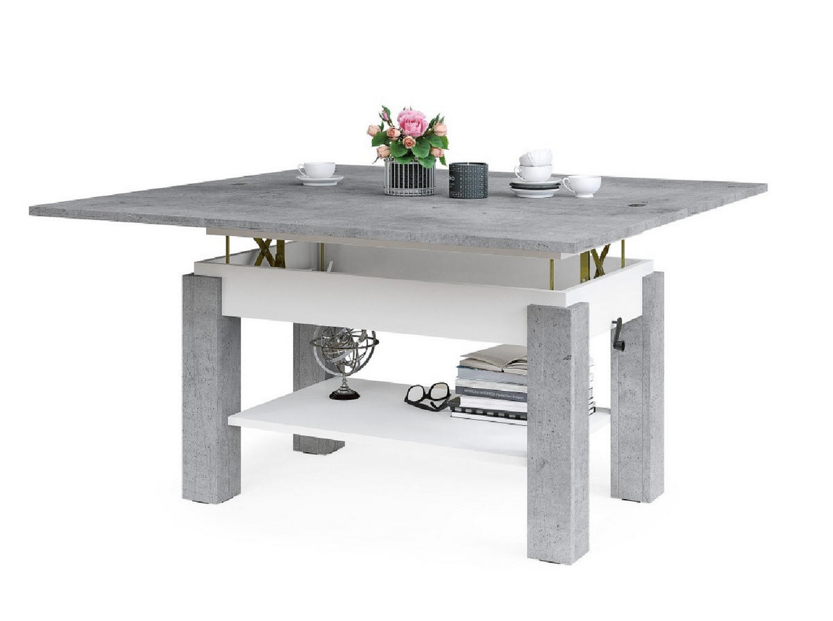 COUCHTISCH rechteckig Beton - Weiß ausziehbar höhenverstellbar - Hellgrau/Weiß, Holzwerkstoff (65/130/60cm) - designimpex