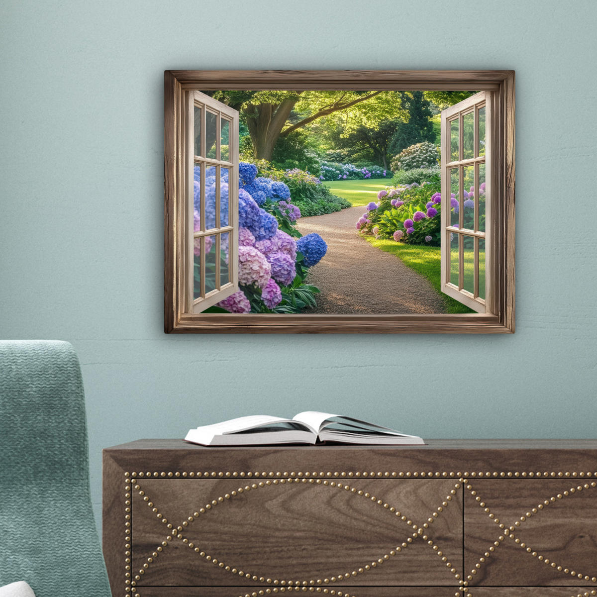 LEINWANDBILD Aussicht - Garten - Fenster - Hortensie - Blumen 40x30 cm - Pastellblau, Textil (40/30cm) - MuchoWow