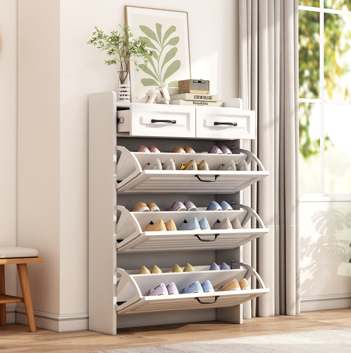 SCHUHSCHRANK aus Spanplatte 80x23,5x131cm in Weiß mit 3 Klappen & 2 Schubladen - Weiß, Holzwerkstoff (80/131/23.5cm) - Modfu