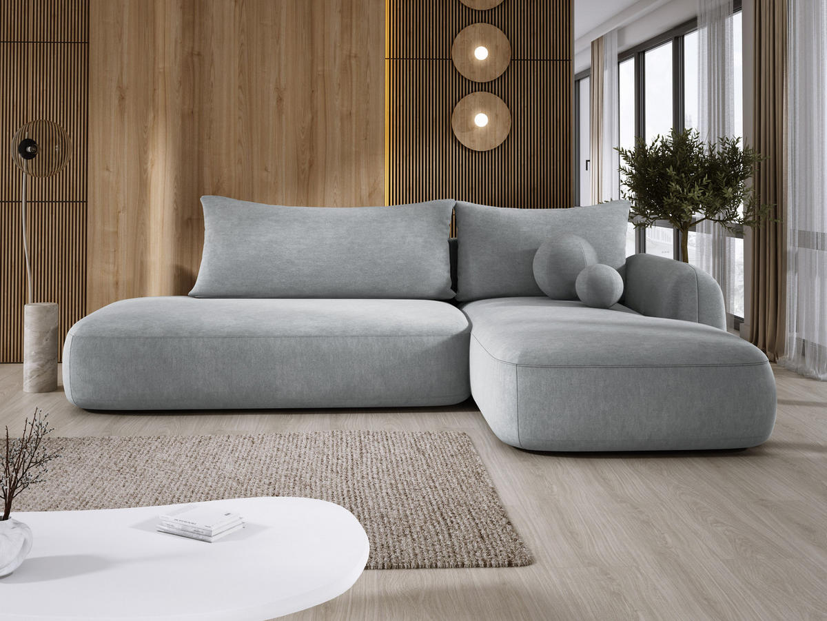 ECKSOFA BABU mit Bettfunktion – Moderne Polsterecke für Wohnzimmer, Funktionales Schlafsofa im Stoff CLOUD, 300x105x60 cm, Rechte, – Hellgrau - Hellgrau, Holz/Textil (300/190cm) - DomoHome