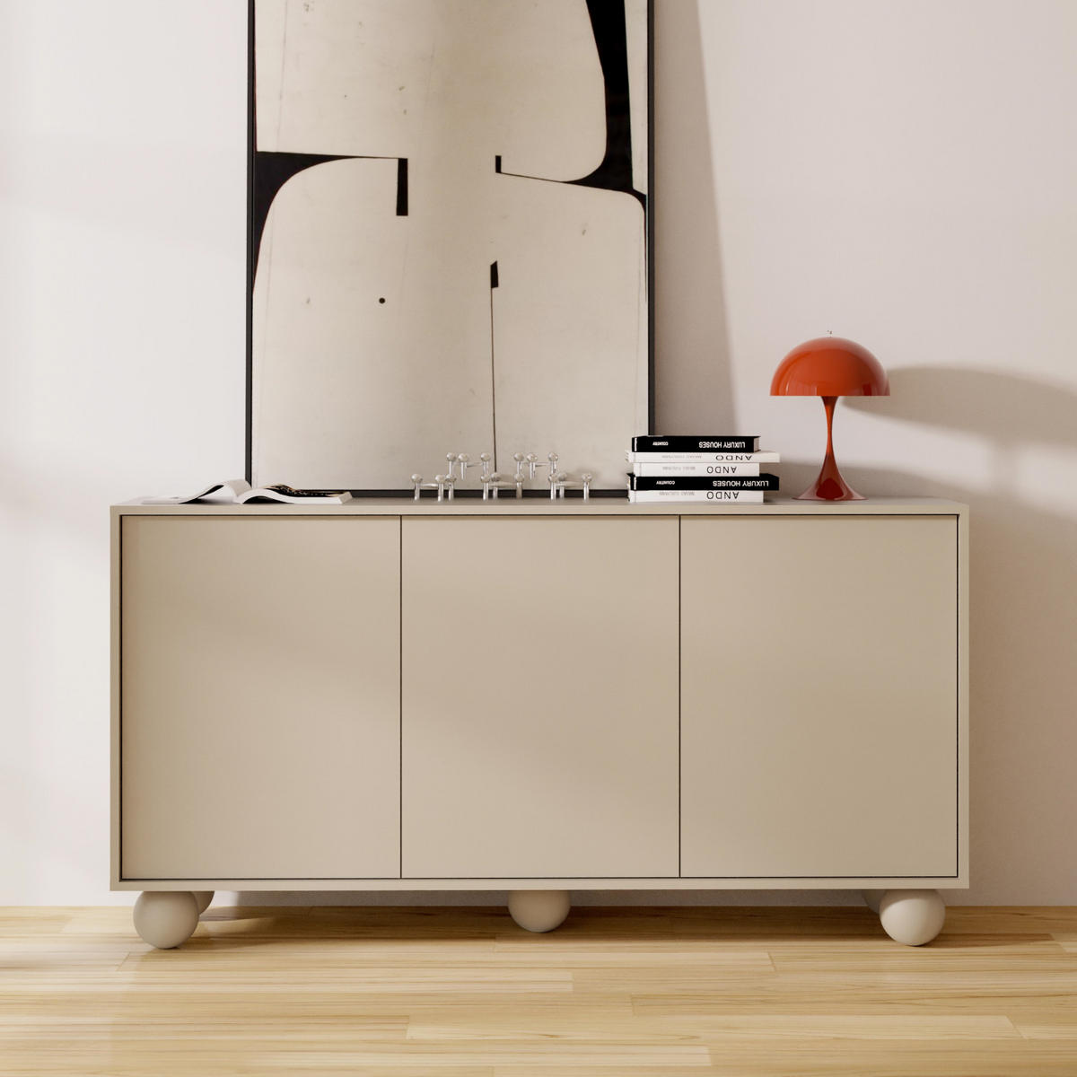KOMODA Adel se 3 dvířky a kulatými nožkami, 154 cm, bezúchytková, kašmír - kašmírová, kompozitní dřevo (154/81/38cm) - Beautysofa