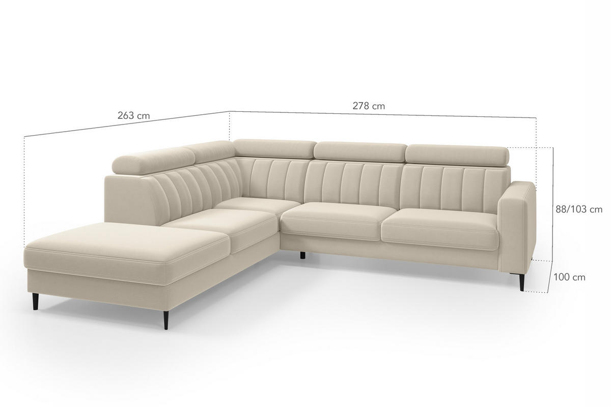 ECKSOFA Wohl rechts – Grau, mit Schlaffunktion, Bettkasten und verstellbaren Kopfstützen - Grau, Textil (278/263cm)