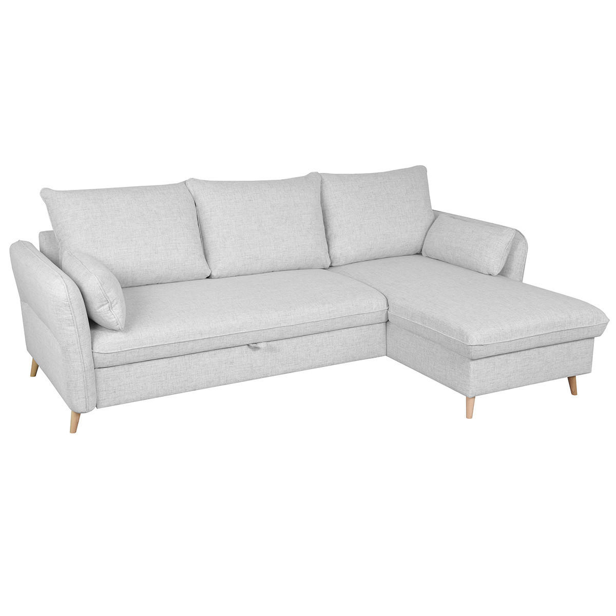 SCHLAF-ECKSOFA Stauraum 3/4-Sitzer Beiger Stoff Helles Holz DRISS - Hellgrau, Textil (159.5/241cm) - Miliboo