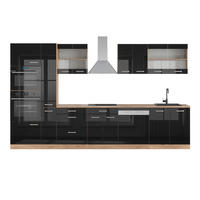 KÜCHENZEILE R-Line Schwarz Hochglanz 350 cm mit Hochschrank, AP Eiche - Honigeiche/Schwarz Hochglanz, Holzwerkstoff (350/81.6/60cm) - Vicco