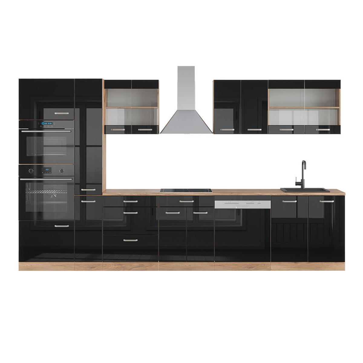 KÜCHENZEILE R-Line Schwarz Hochglanz 350 cm mit Hochschrank, AP Eiche - Honigeiche/Schwarz Hochglanz, Holzwerkstoff (350/81.6/60cm) - Vicco