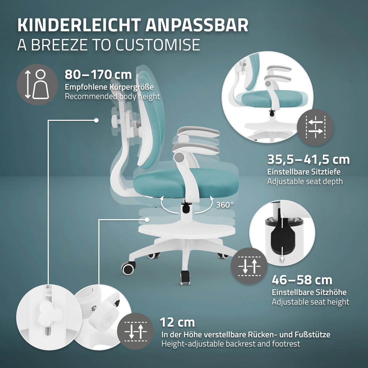 DĚTSKÁ ŽIDLE K PSACÍMU STOLU, petrolová, 95–107 cm, z polyesteru - bílá/petrolejová, textil/plast (53/107/53cm) - ML-DESIGN