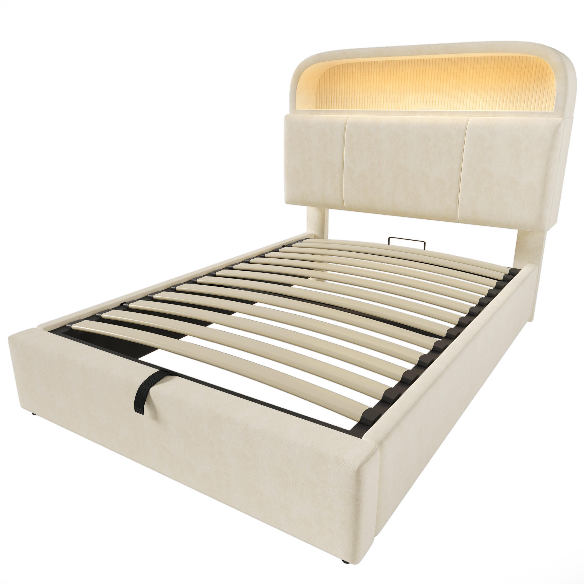 STAURAUMBETT 90/200 cm DE-00718, in Beige, LED und hydraulischem Bettgestell - Beige, Metall (90/200cm) - ComfortXL
