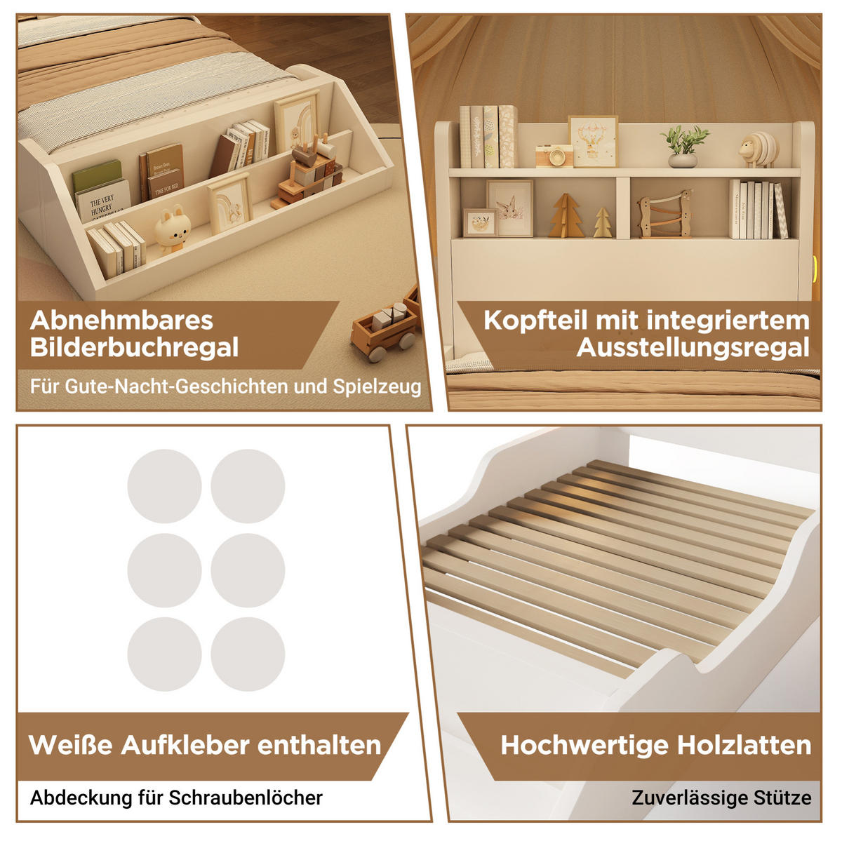 KINDERBETT aus Holz 90x200 cm Weiß mit Bücherregal, Ablagen und Nachtlichtern - Weiß, Holz (90/200cm) - IVMEU