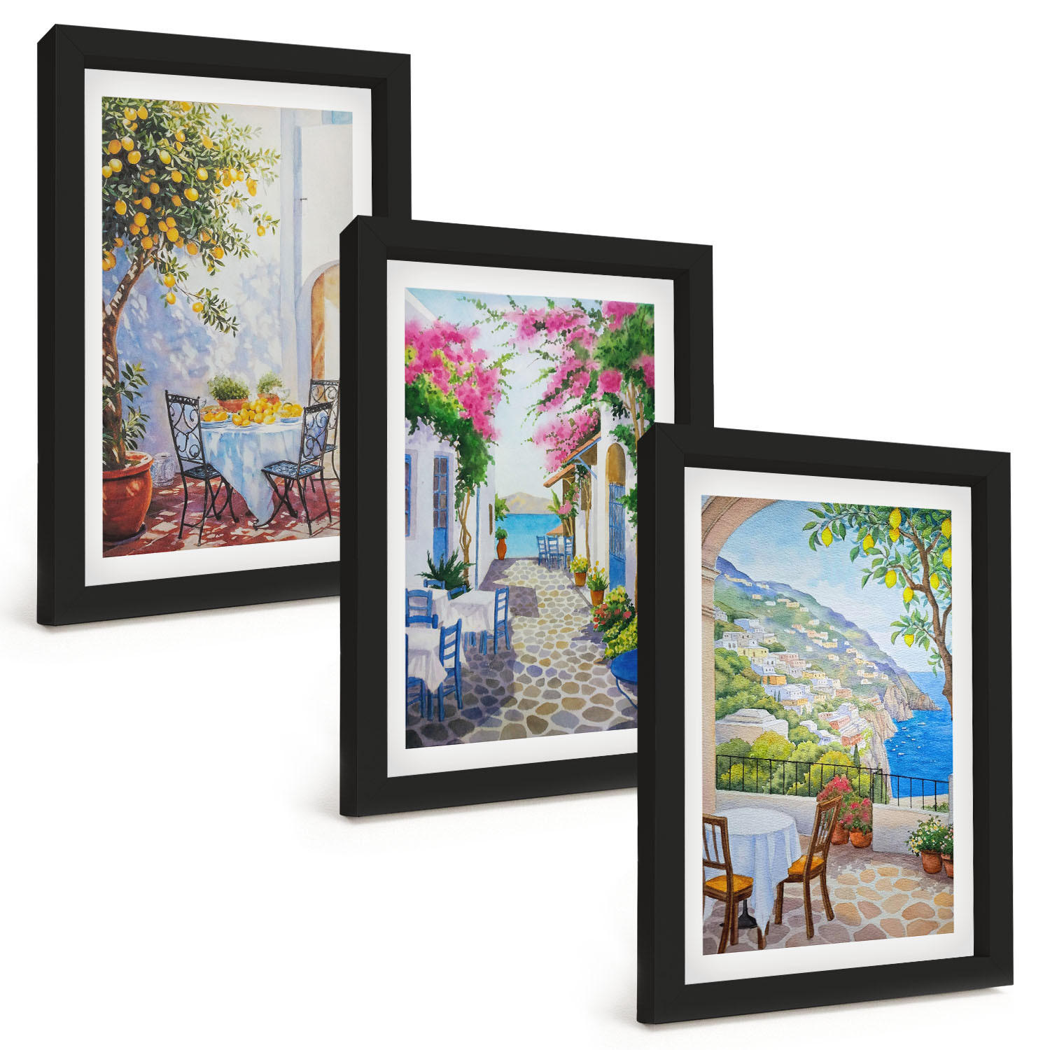 BILDER SET 3er Set - 20x30 cm Schwarzer Rahmen - Charmante Straßen, Pflanzen, Meer - Schwarz, Kunststoff (20/30cm) - TULUP