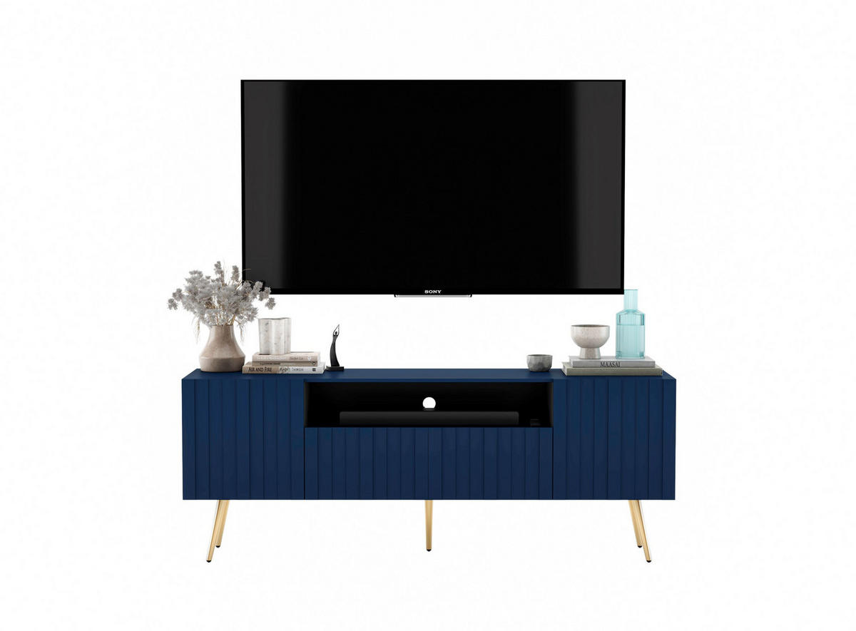 TV-SCHRANK Elpis2 Marineblau Matt mit goldenen Metallbeine Glamour 150 cm - Blau/Goldfarben, Holzwerkstoff/Metall (150/60.5/36.5cm) - Meble Lindner