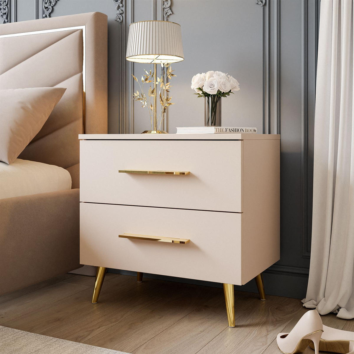 NACHTTISCH AURA KASCHMIR mit goldenen Beinen und Griffen - Kaschmir, Holzwerkstoff (55/55/37cm) - Lookway