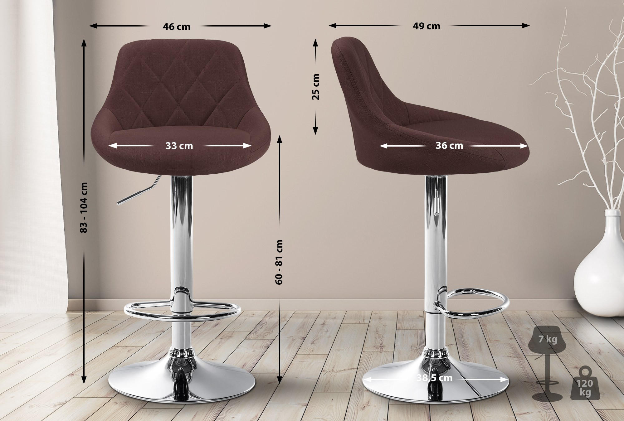 BARHOCKER Stoff braun - Chromfarben/Braun, Textil/Metall (46/83/49cm) - CLP