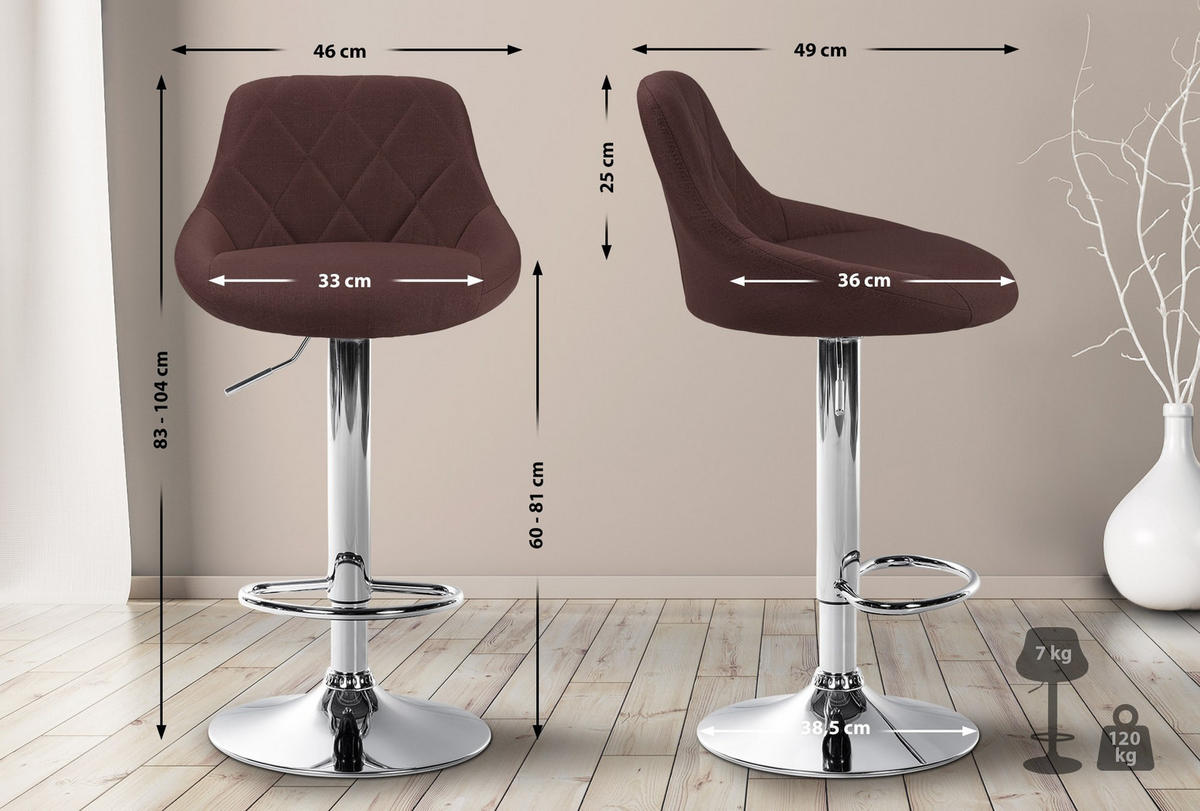 BARHOCKER Stoff braun - Chromfarben/Braun, Textil/Metall (46/83/49cm) - CLP