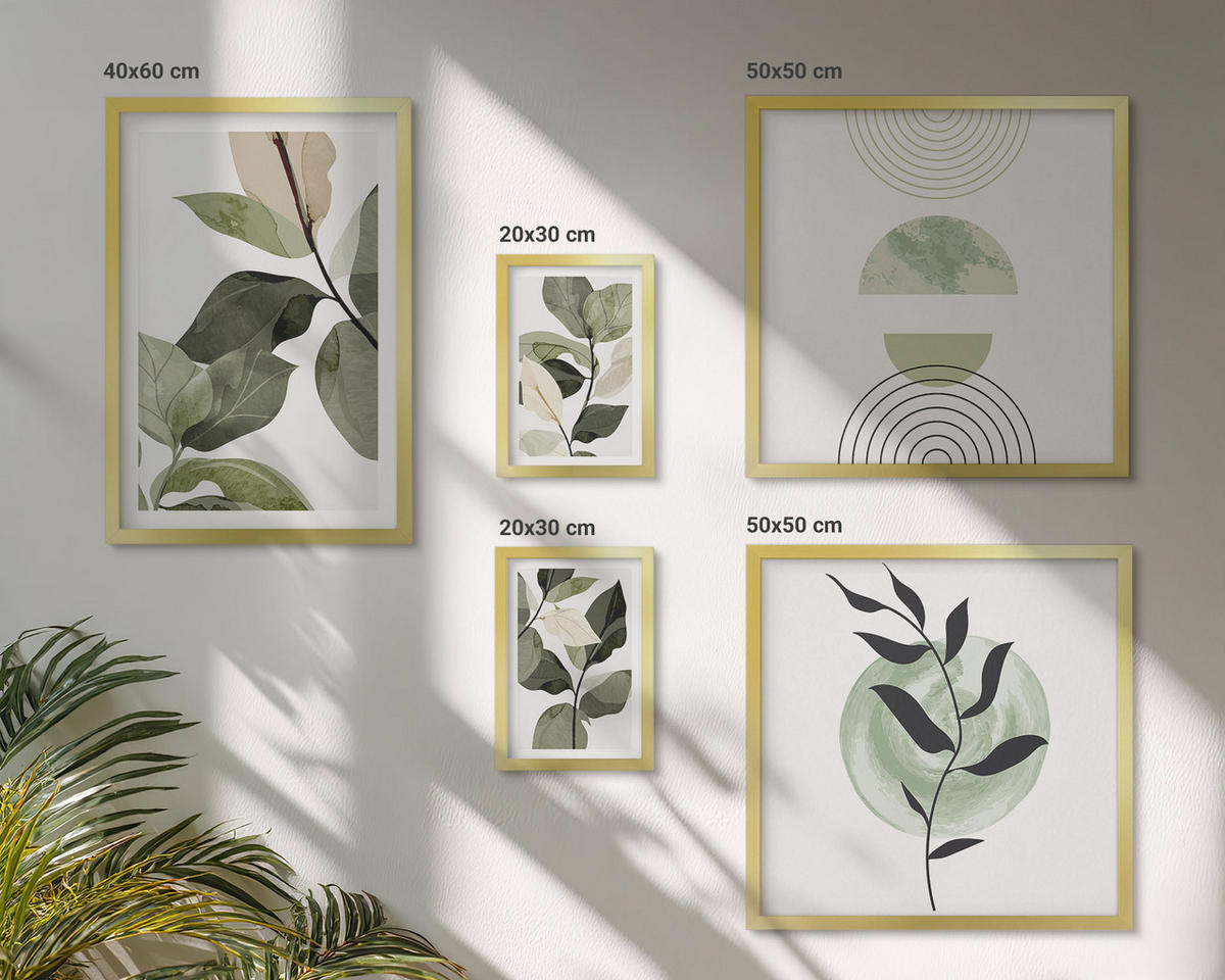 BILDER SET 5er Set - 50x50 cm & 20x30 cm & 40x60 cm Goldrahmen - Abstrakte Darstellung gemalter Blätter - Goldfarben, Kunststoff (40/60cm) - TULUP