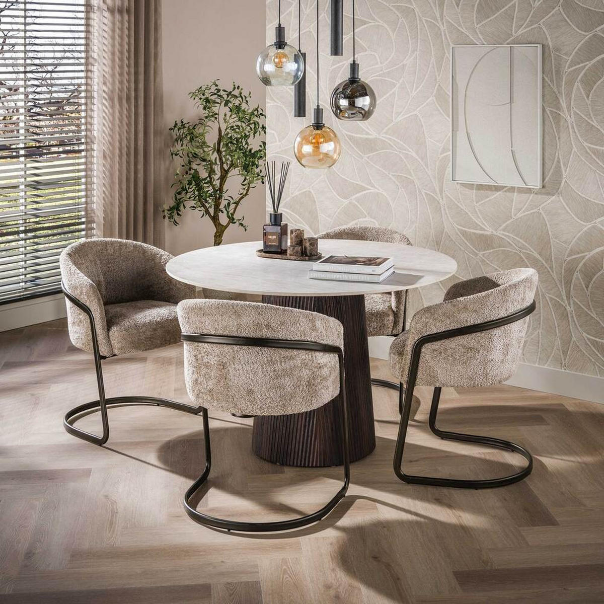 ESSTISCH CERAMO CENTRO Runder Premium-Tisch mit 3D-Keramikplatte & Rillen-Säule Dunkelbraun, Ø 120 cm - Dunkelbraun, Keramik (120/120/77cm) - alesvelt