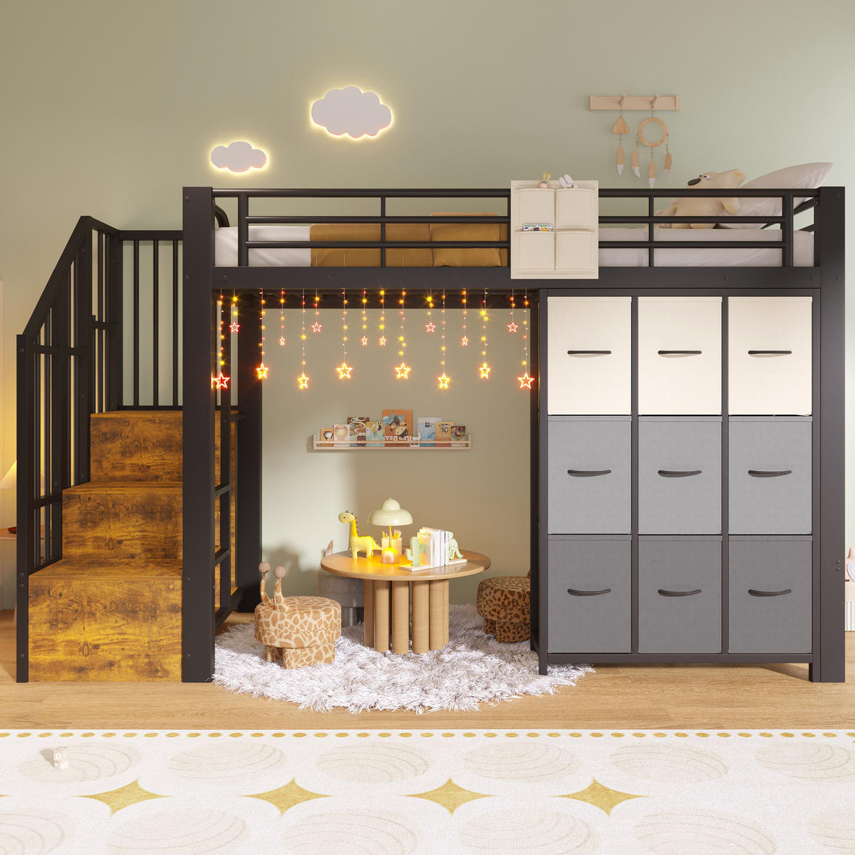 VISOKA postelja 90/200 cm črno-bela s predali, garderobno palico in stopnicami za shranjevanje iz kovine in MDF - bela, leseni material (90/200cm) - OKWISH