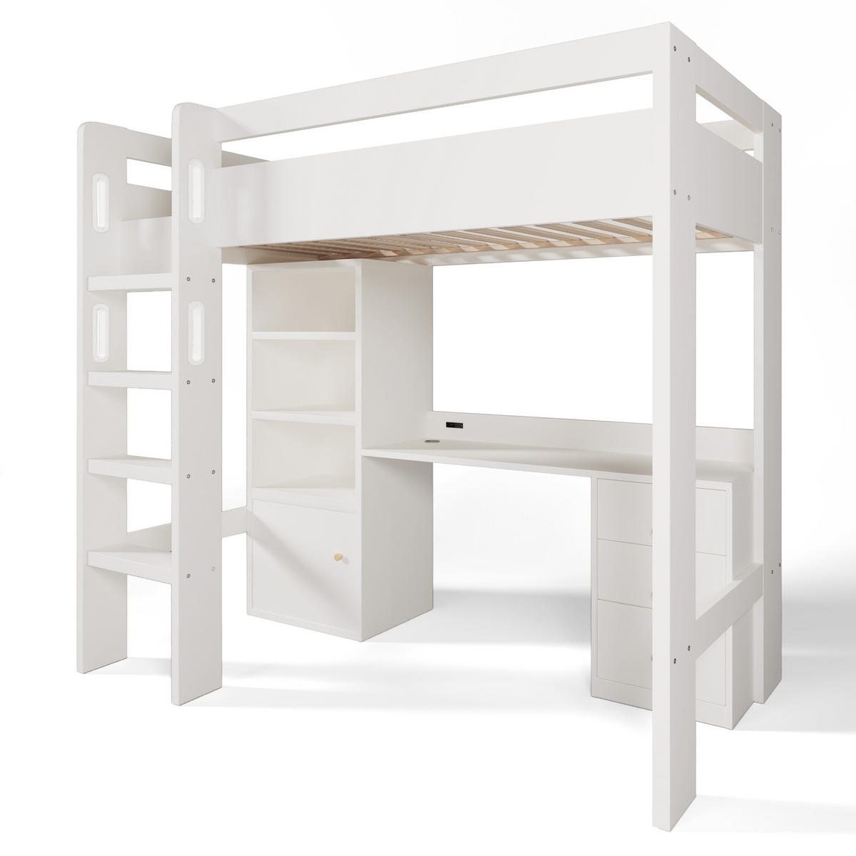 HOCHBETT 90/200 cm Weiß mit USB-C Schreibtisch und Kleiderschrank - Weiß, Holzwerkstoff (90/200cm) - OKWISH