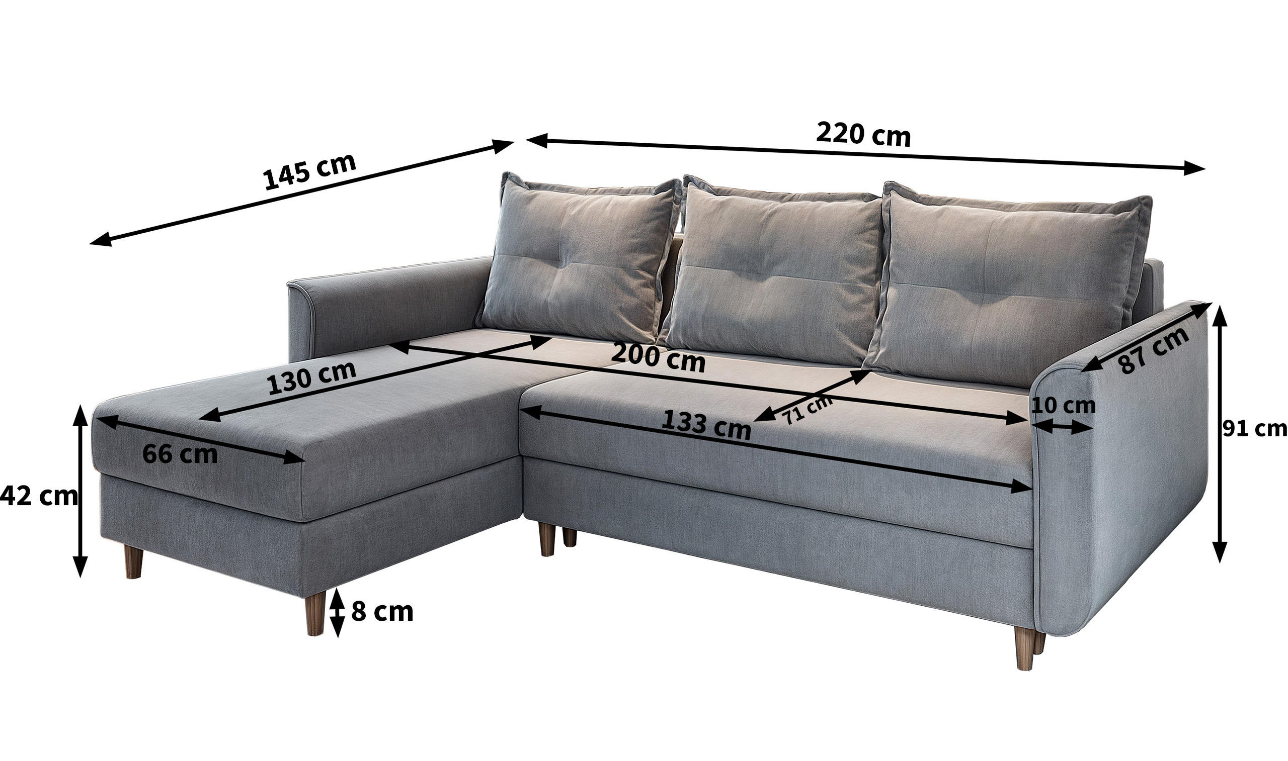 ECKSOFA PISAN R-S Hellgrau Plüsch-Stoff mit Schlaffunktion - Hellgrau, Holz (220/140cm) - MASSENO