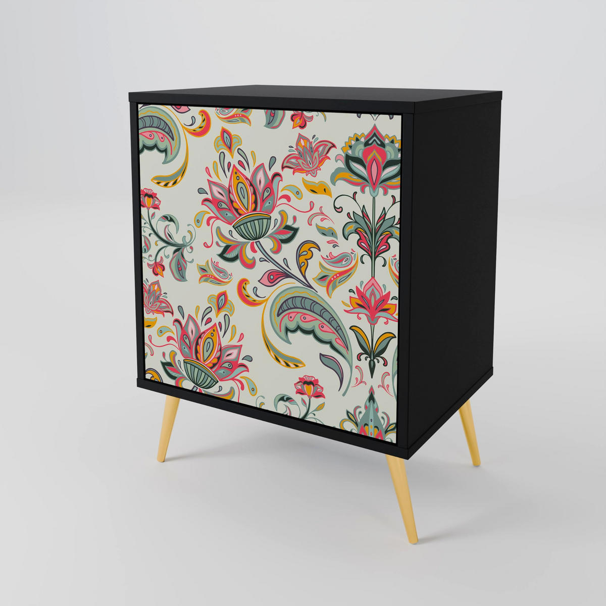 SIDEBOARD ORGANIC FOLKLORE, Schwarz, 57,5x42x70,5 cm, Schwarze Metall-Sternfüße - Multicolor/Schwarz, Holzwerkstoff/Metall (57.5/70.5/42cm) - SpaceRebels
