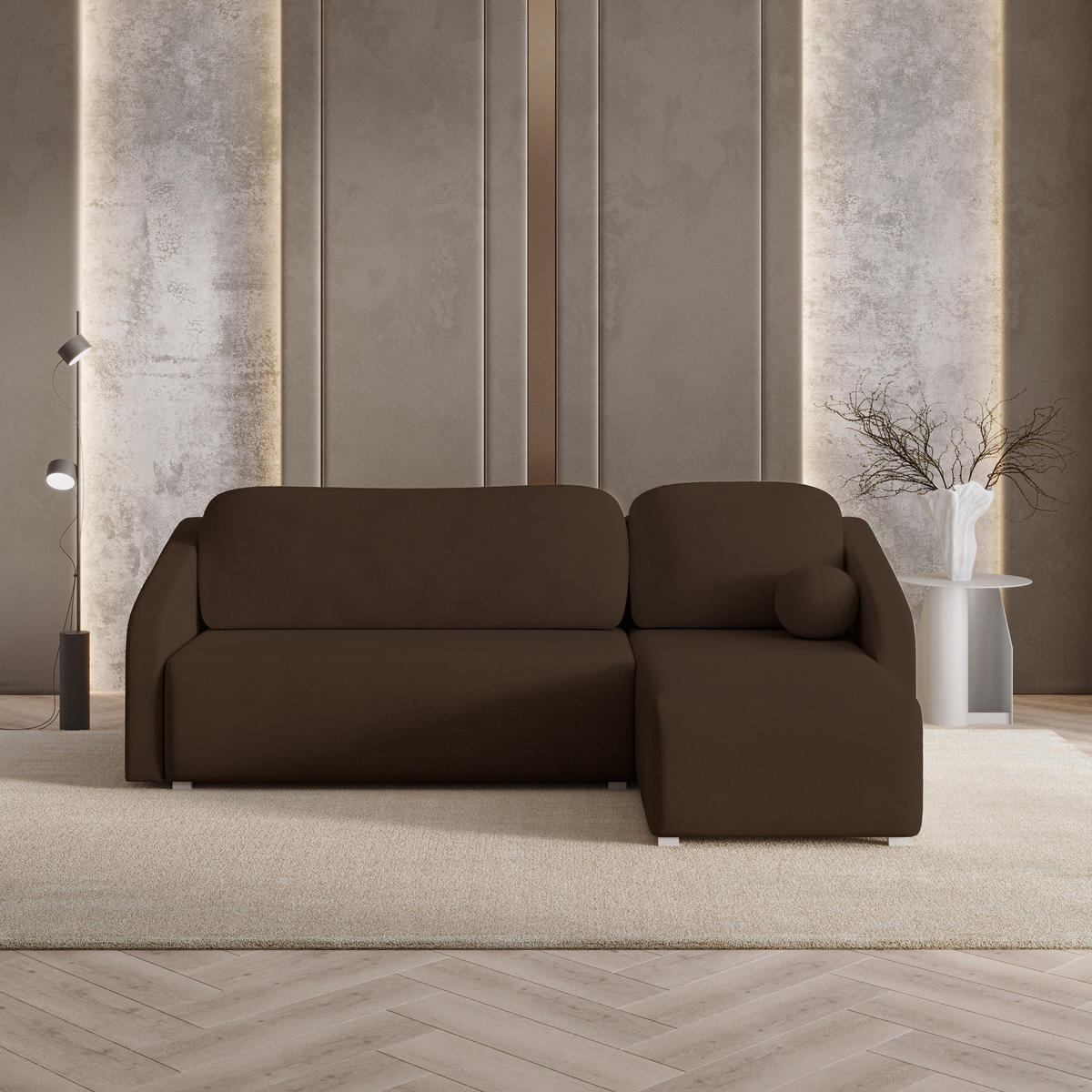 ECKSOFA MARELLO Braun Geflochtener Stoff mit Schlaffunktion - Braun, Holz (220/143cm) - MASSENO