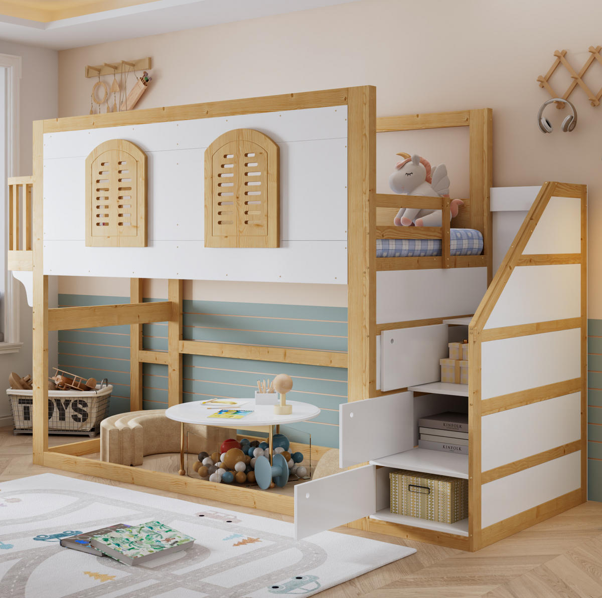HOCHBETT 90/200 cm aus Kiefer und MDF mit Treppenschrank und Spielfläche Weiß/Natur - Naturfarben, Holz (90/200cm) - Modenvie