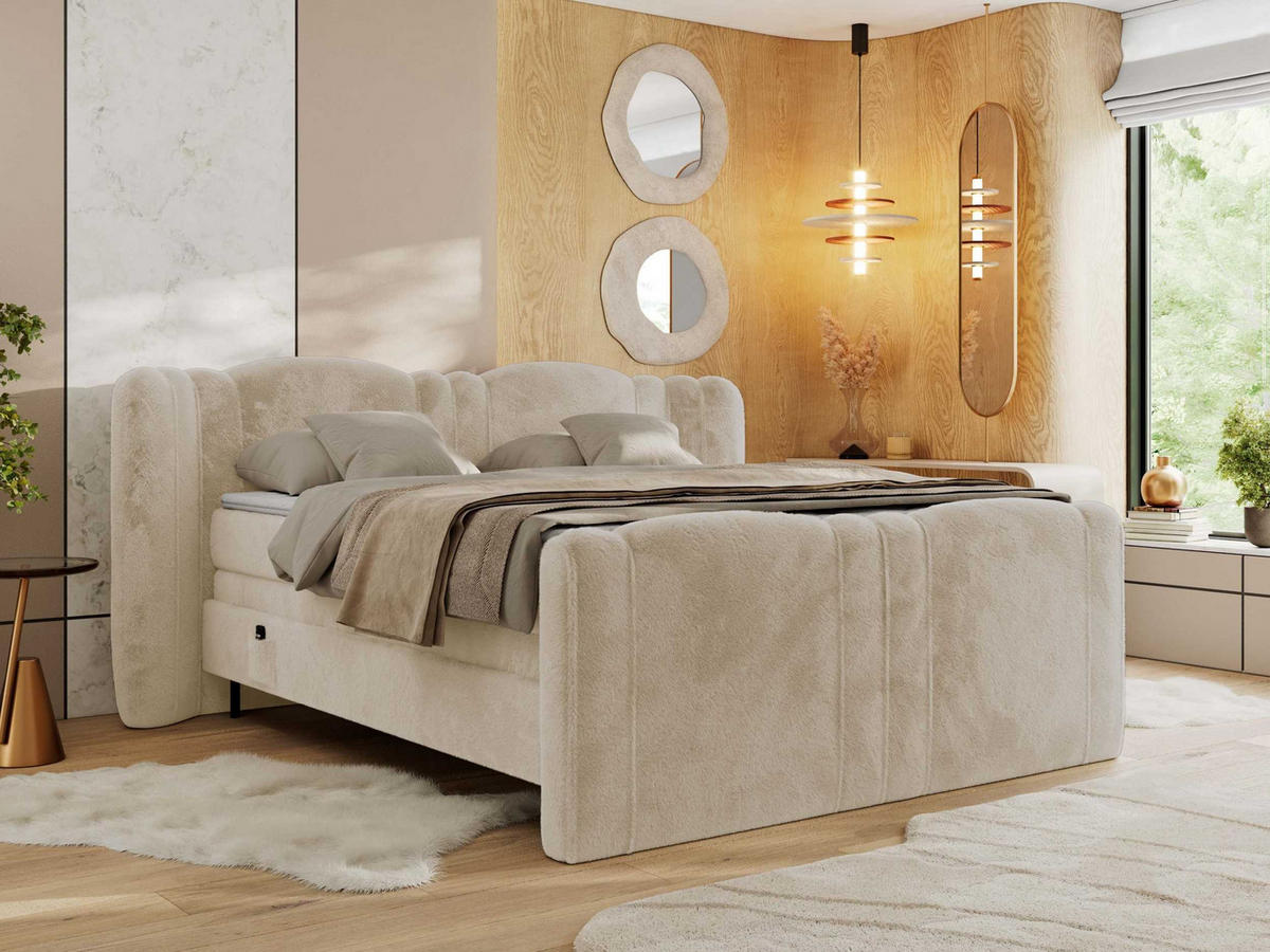BOXSPRINGBETT FORTINA 160/200 - Creme Plüsch - Topper T25 - H4 - Creme/Schwarz, Holz/Textil (160/200cm) - MKS
