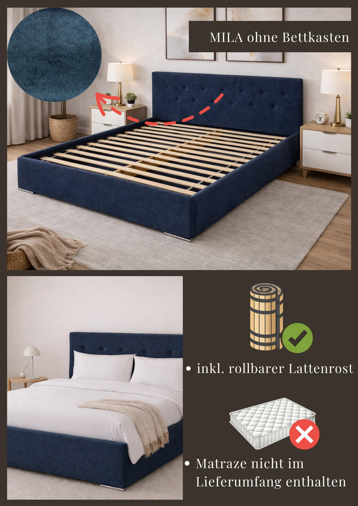 POLSTERBETT MILA 180 mit Lattenrost – Stoff Verso 77 - Blau, Holzwerkstoff (180/200cm) - Kier Furniture