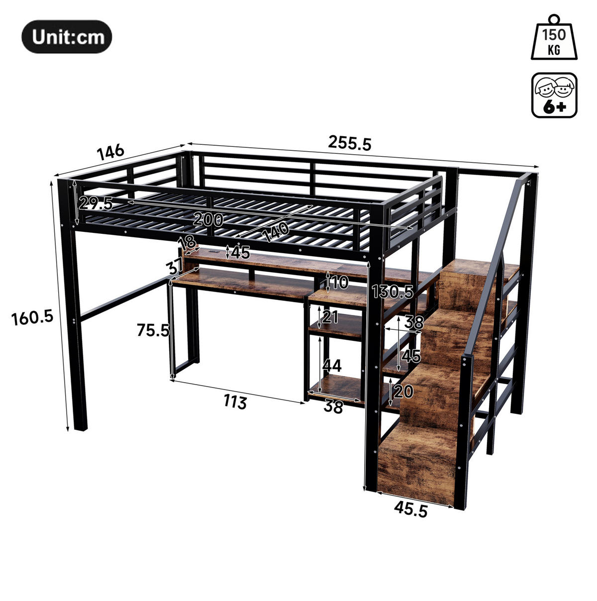 HOCHBETT Metall & MDF 140x200 cm Schwarz mit Leiterschrank, Ablagefach, LED-Lichtleiste & USB/Typ-C - Schwarz, Holzwerkstoff (140/200cm) - Modfu