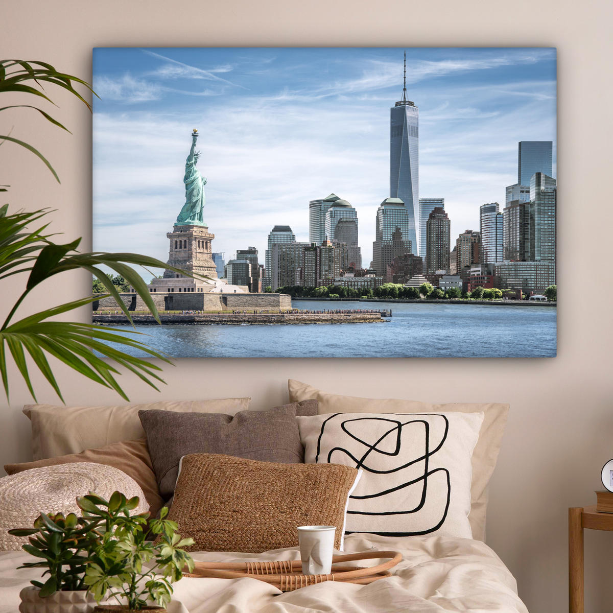 LEINWANDBILD New York - Freiheitsstatue - Wasser Wohnzimmer Groß 120x80 cm - Hellblau, Textil (120/80cm) - MuchoWow