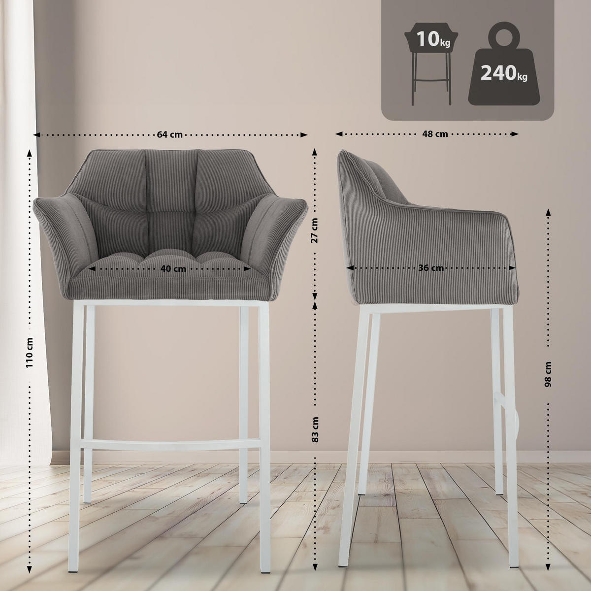 BARHOCKER Metall Taupe - Taupe/Weiß, Metall (64/110/48cm) - CLP