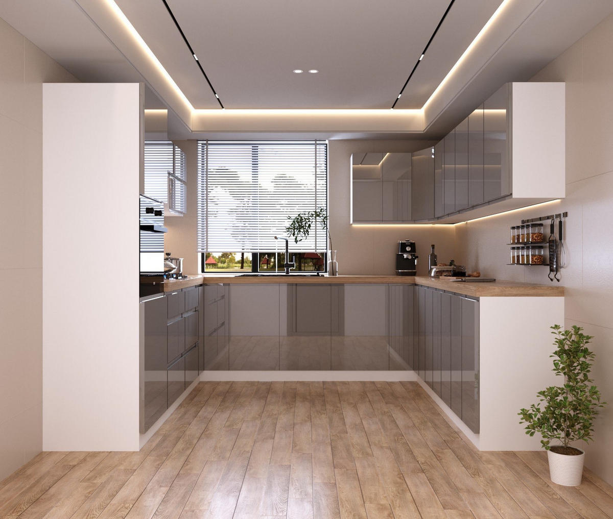 WINKELKÜCHE 260 cm x 280 cm x 260 cm- Aspen KA18-M260 - in Grau/Hochglanz - Grau, Holz/Holzwerkstoff (800/212/58cm)