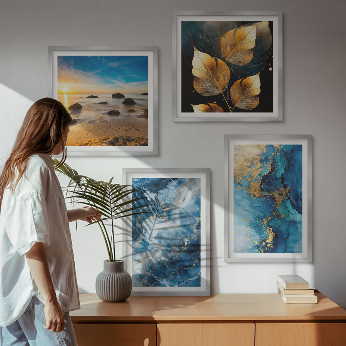 WANDBILDER 4er Set - 50x50 cm & 40x60 cm Silberner Rahmen - Bilder mit blau-goldenen Mustern - Silberfarben, Kunststoff (50/50cm) - ArtPrintCave