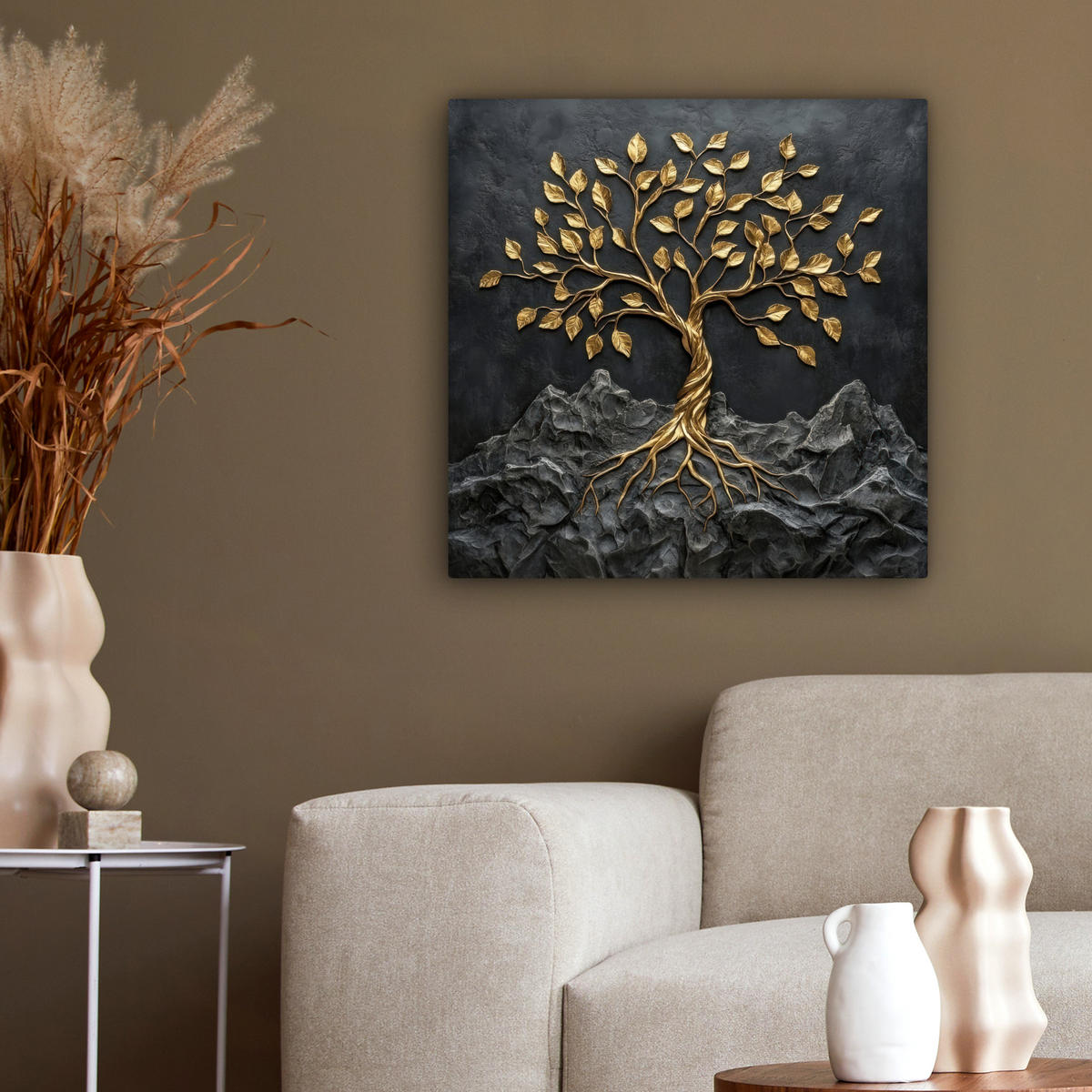 LEINWANDBILD Blätter - Gold - Baum - Fels Wandbild Wohnzimmer 50x50 cm - Schwarz, Textil (50/50cm) - MuchoWow