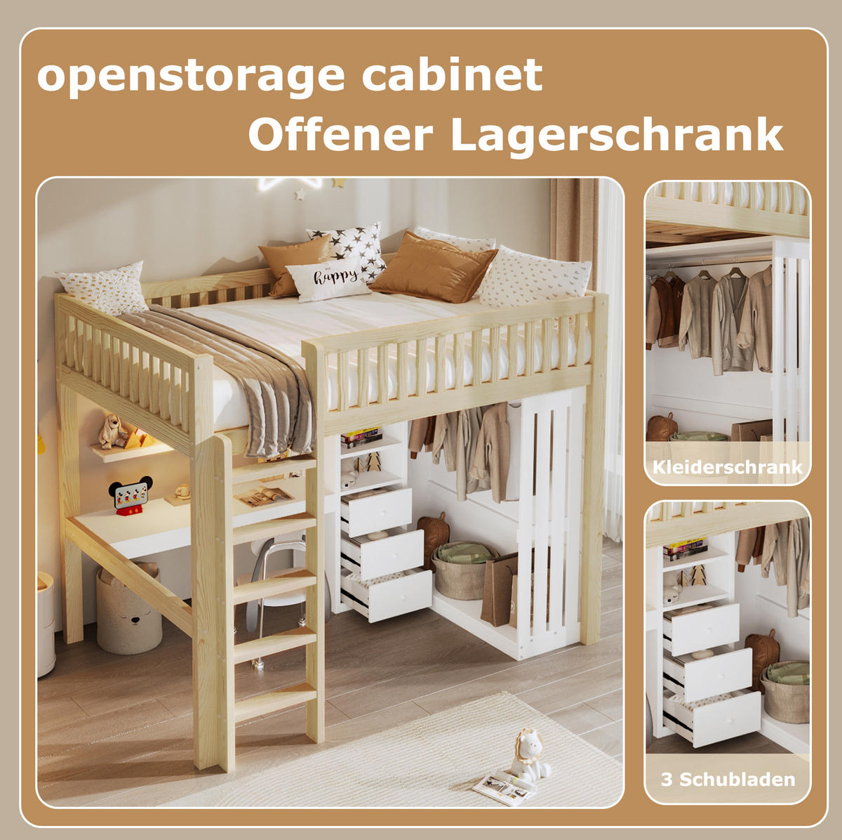HOCHBETT 140/200 cm mit Schreibtisch, Kleiderschrank, 3 Schubladen, Treppe und Geländer, Natur/Weiß - Naturfarben, Holz (140/200cm) - Redom