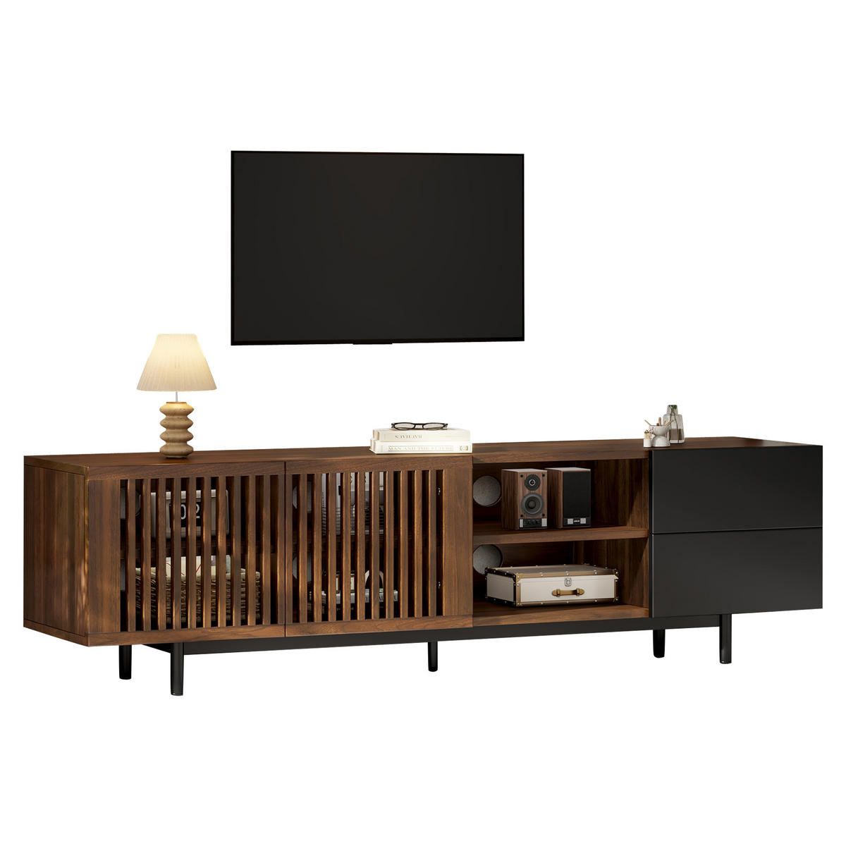 TV-LOWBOARD Walnuss & Schwarz 160cm mit Lamellentüren und 2 Schubladen - Walnussfarben, Holzwerkstoff (160/50/38cm) - Urban Meuble