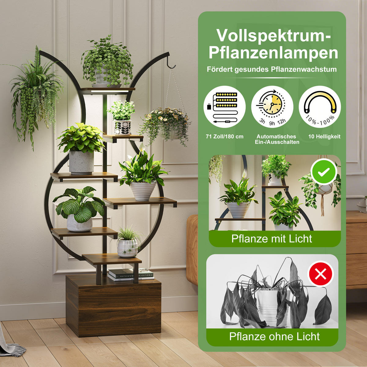 PFLANZENSTÄNDER 6 Ebenen LED Wachstumslampe Metall Ecke Kippschutz 142 cm - Braun, Holz (30/142/40cm) - Fortuna Lai