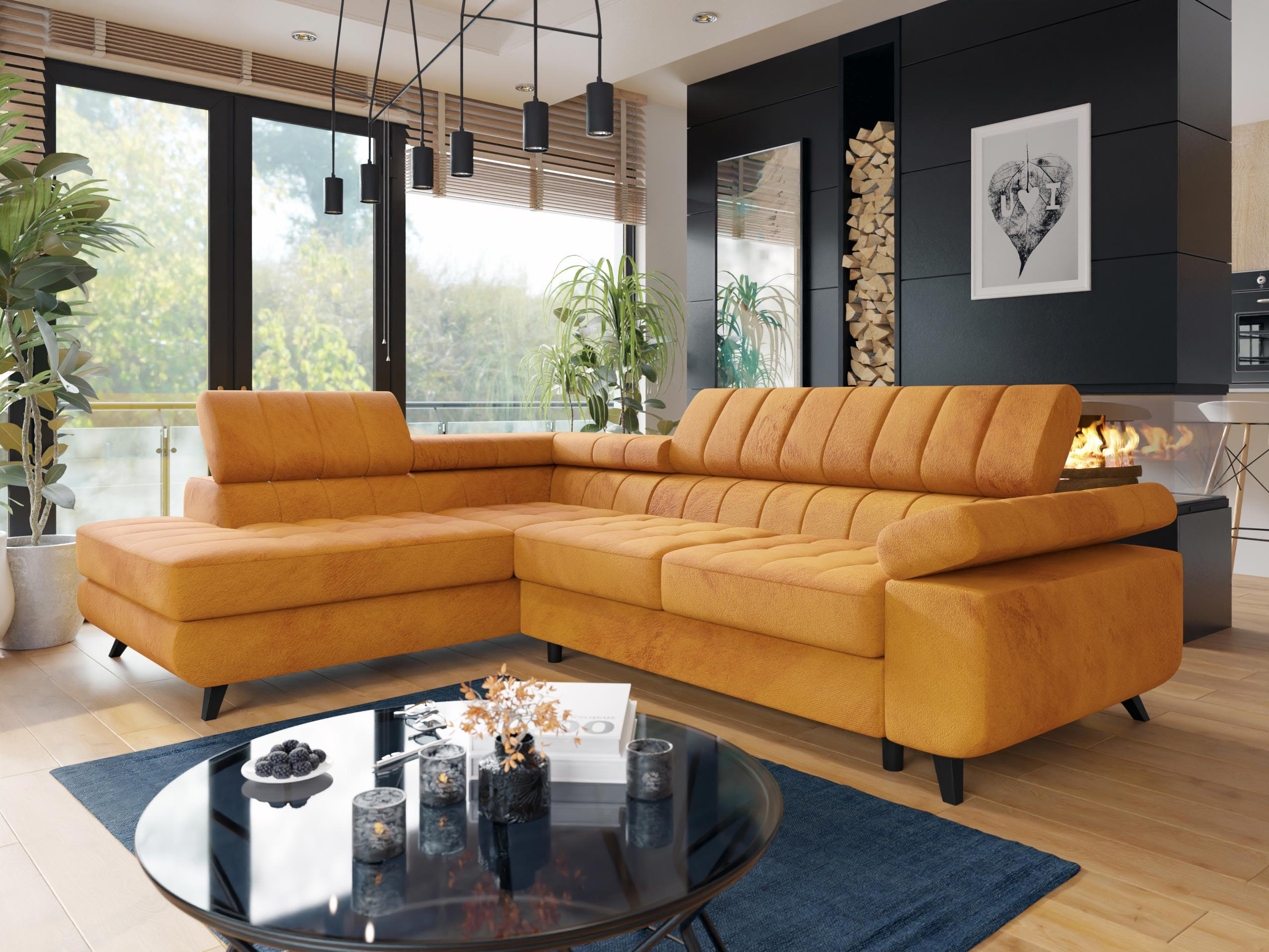 ECKSOFA Nord Premium, Seite: Links - Anthrazit/Gelb, Holz/Textil (264/203cm) - MIRJAN24