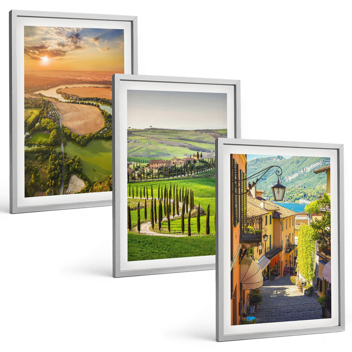 BILDER SET 3er Set - 40x60 cm Silberner Rahmen - Italienische Landschaften, Flussstraße - Silberfarben, Kunststoff (40/60cm) - TULUP