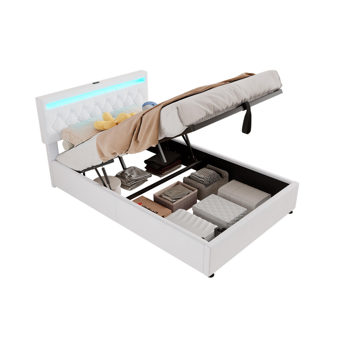 FLACHBETT 140x200cm Weiß gepolstert LED Hydraulik USB-C Stauraum - Weiß, Holz (140/200cm) - FLIEKS