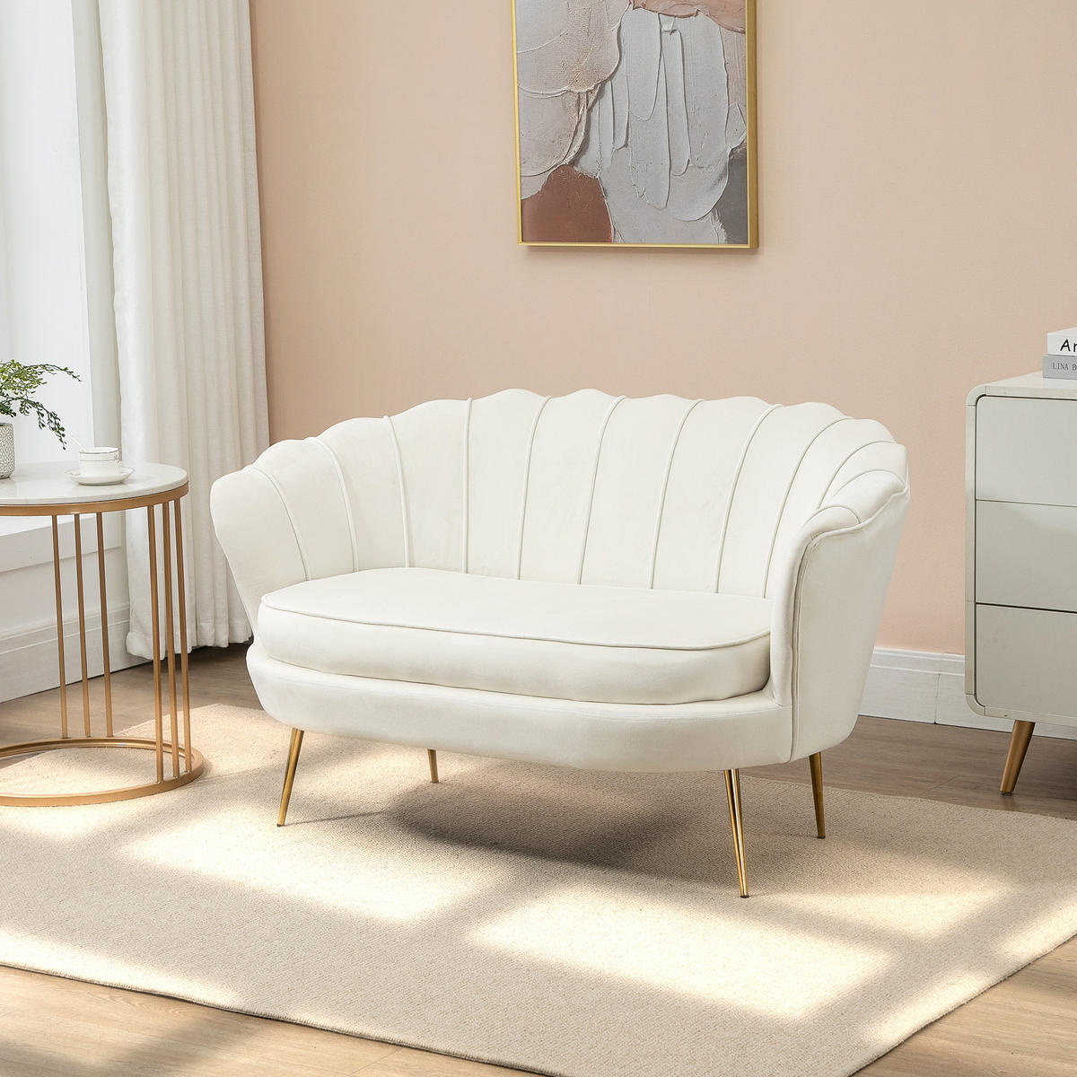 2 Sitzer Sofa, Couch, gepolsterter Polstersofa mit Armlehne, Samtopik Creme - Goldfarben/Creme, Textil/Metall (77/77/130cm) - HOMCOM