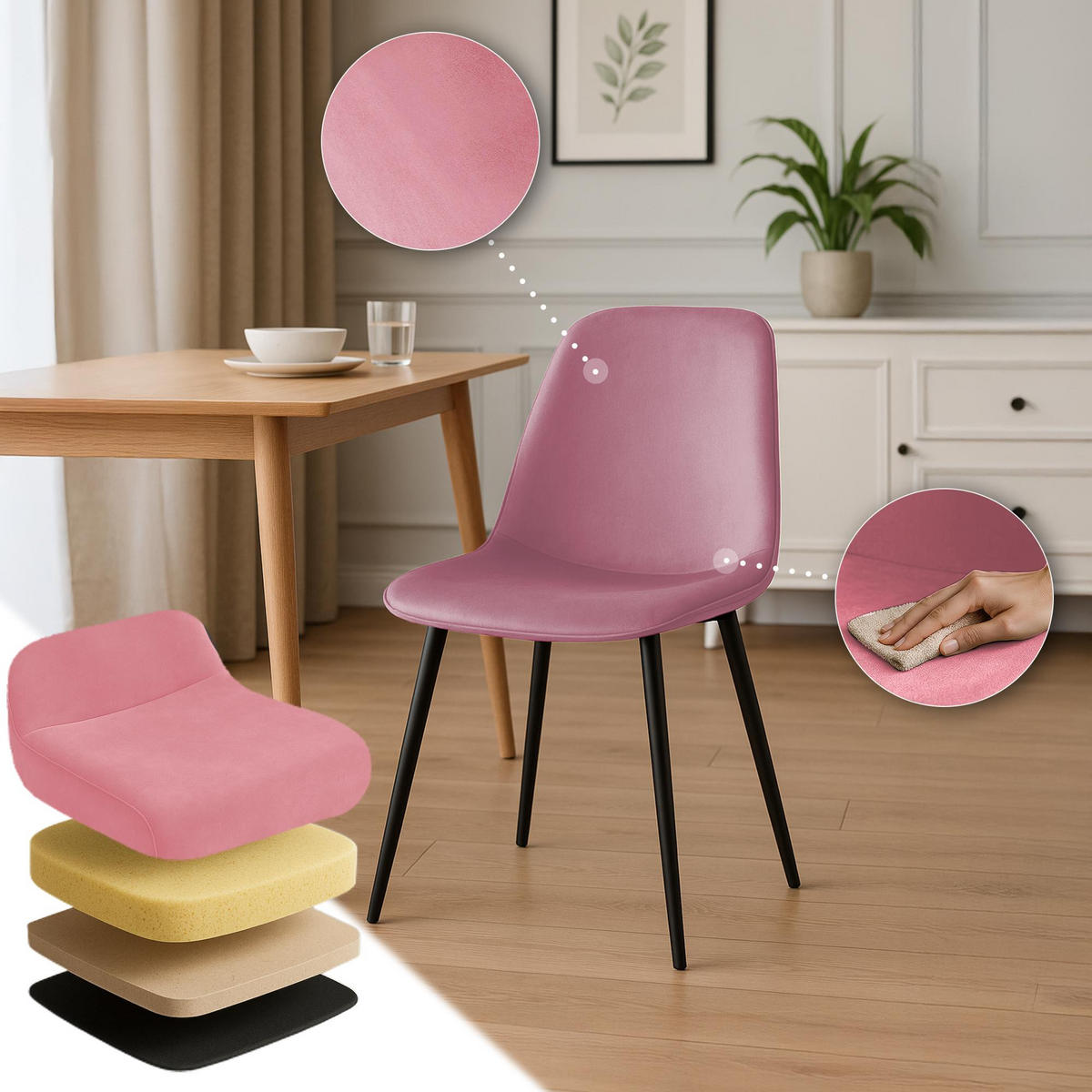 ESSZIMMERSTUHL 4er Set Samt Rosa - Schwarz/Rosa, Textil/Metall (45/88/54cm) - CLP