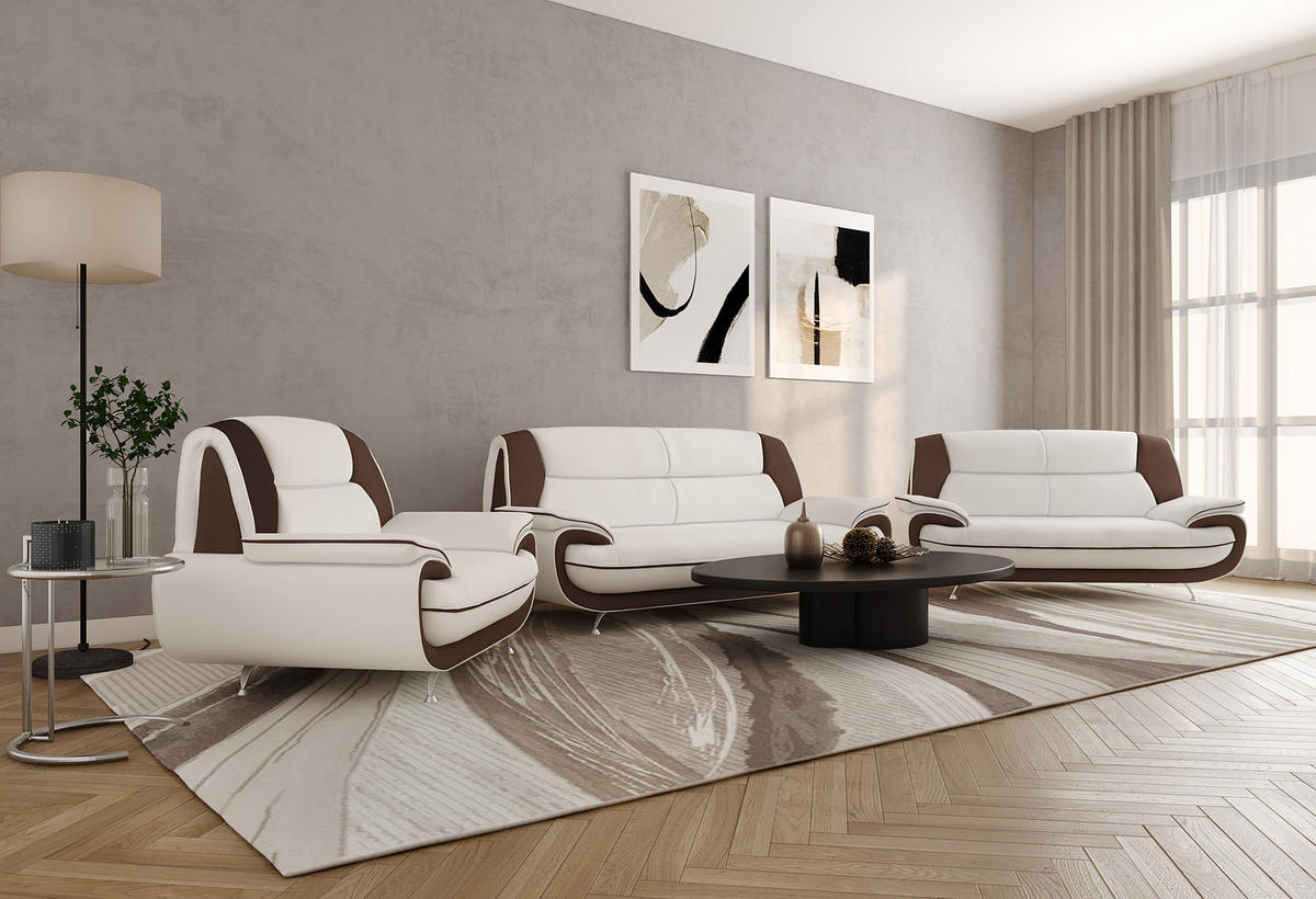 SOFAGARNITUR 3+2+1, Stoff Kronos, Weiß + Braun, Palermo - Weiß, Holz (198/89/87cm) - Kaiser Möbel