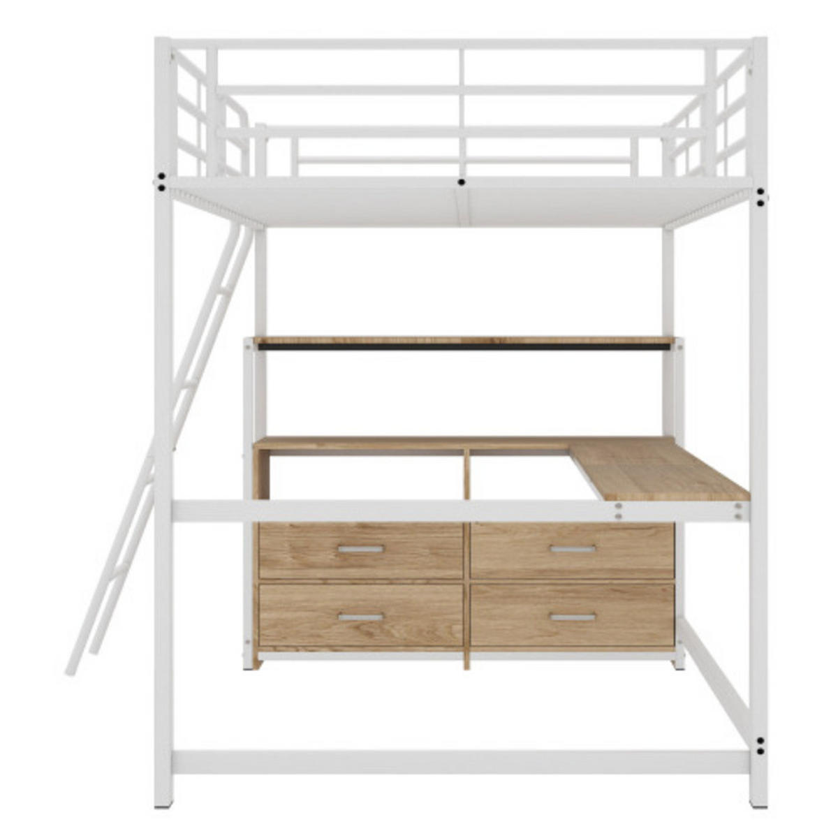 HOCHBETT 140 × 200 cm mit Metallrahmen, L-förmigem Schreibtisch und 4 Schubladen, weiß - Weiß, Metall - Luhomfu