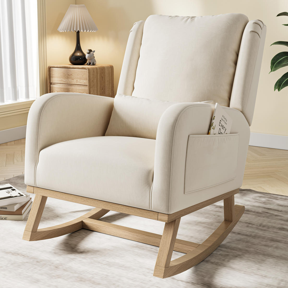 SCHAUKELSTUHL BEIGE LEINEN KISSEN SEITENTASCHEN STABILITÄT - Beige, Holzwerkstoff (93/96/52cm) - SHOPENTRA