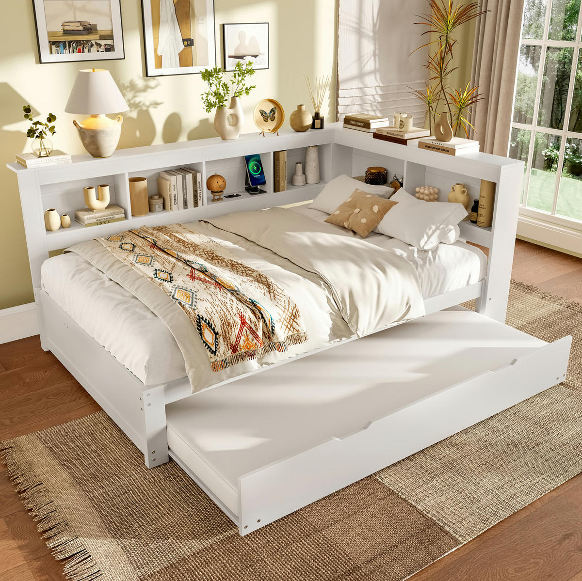 MULTIFUNKTIONSBETT 140/200 cm Weiß mit ausziehbarem Bett und USB-Anschlüssen - Weiß, Holz (140/200cm) - OKWISH