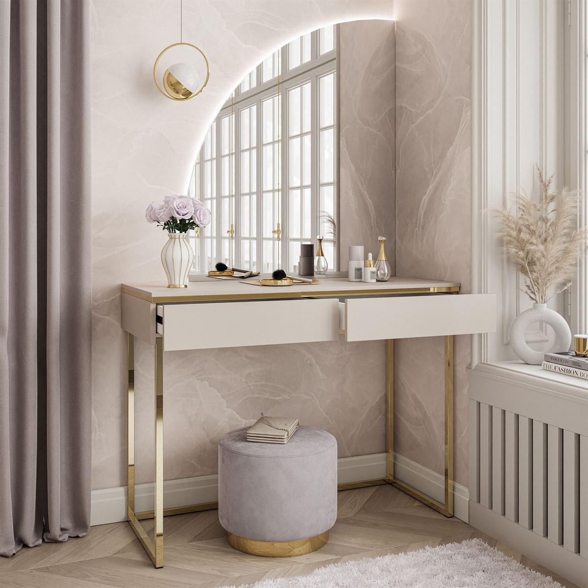 SCHMINKTISCH AURORA-Q GOLD auf goldenem Gestell mit links Spiegel - Kaschmir/Goldfarben, Holzwerkstoff/Metall (102/174/44cm) - Lookway