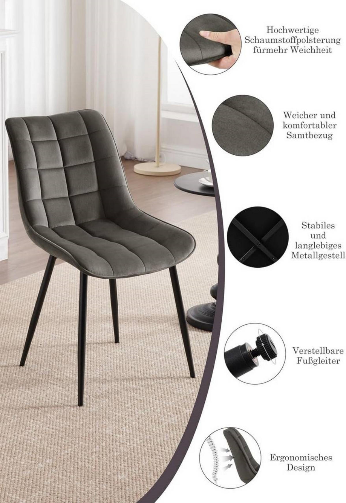 ESSZIMMERSTUHL 4er Set, Samt, Metallbeine, Dunkelgrau - Dunkelgrau/Schwarz, Textil/Metall (46/85.5/40.5cm) - Woltu