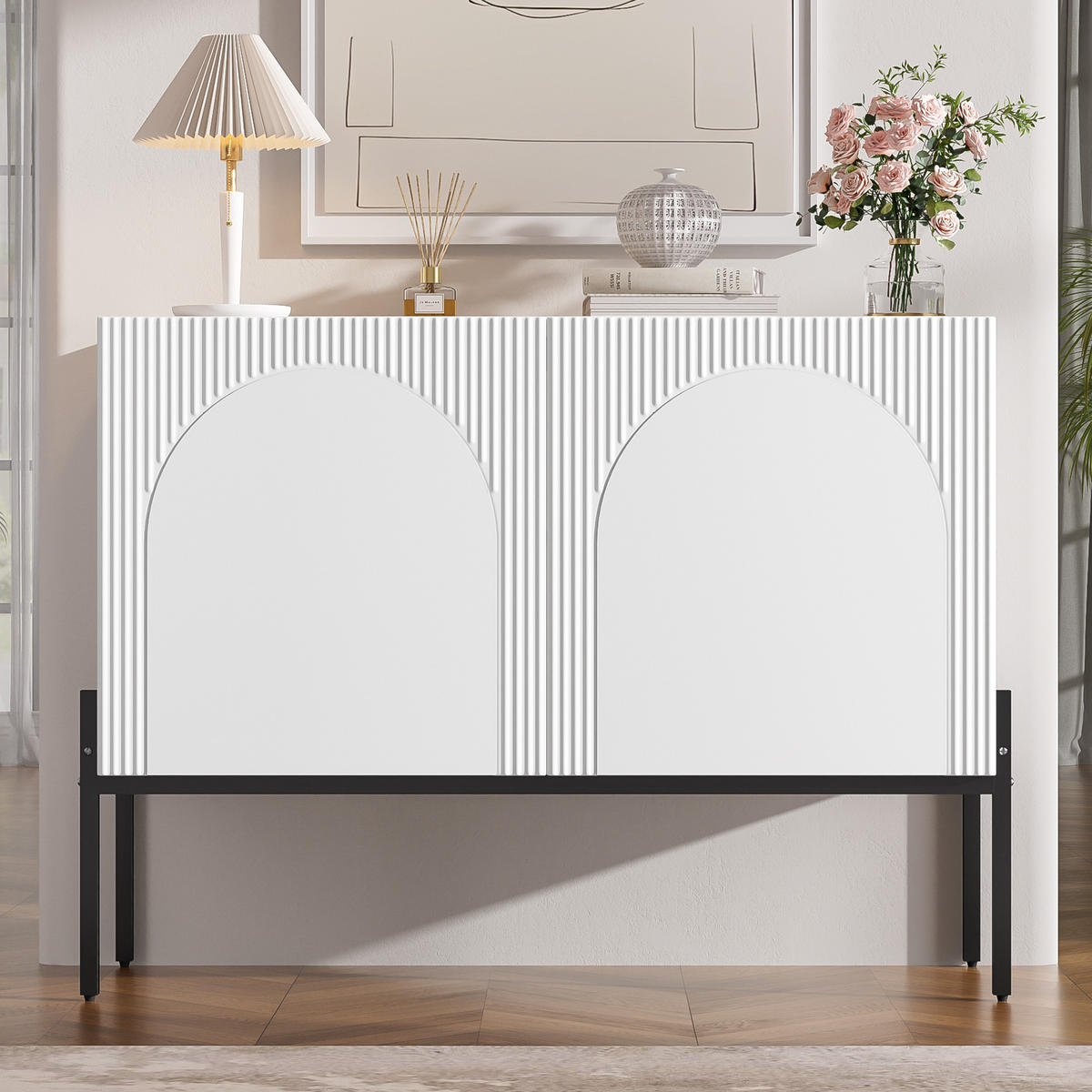 SIDEBOARD Weiß 2 Türen Metallbeine Bogen Design 100cm Modern - Weiß, Holzwerkstoff (100/75/40cm) - FLIEKS