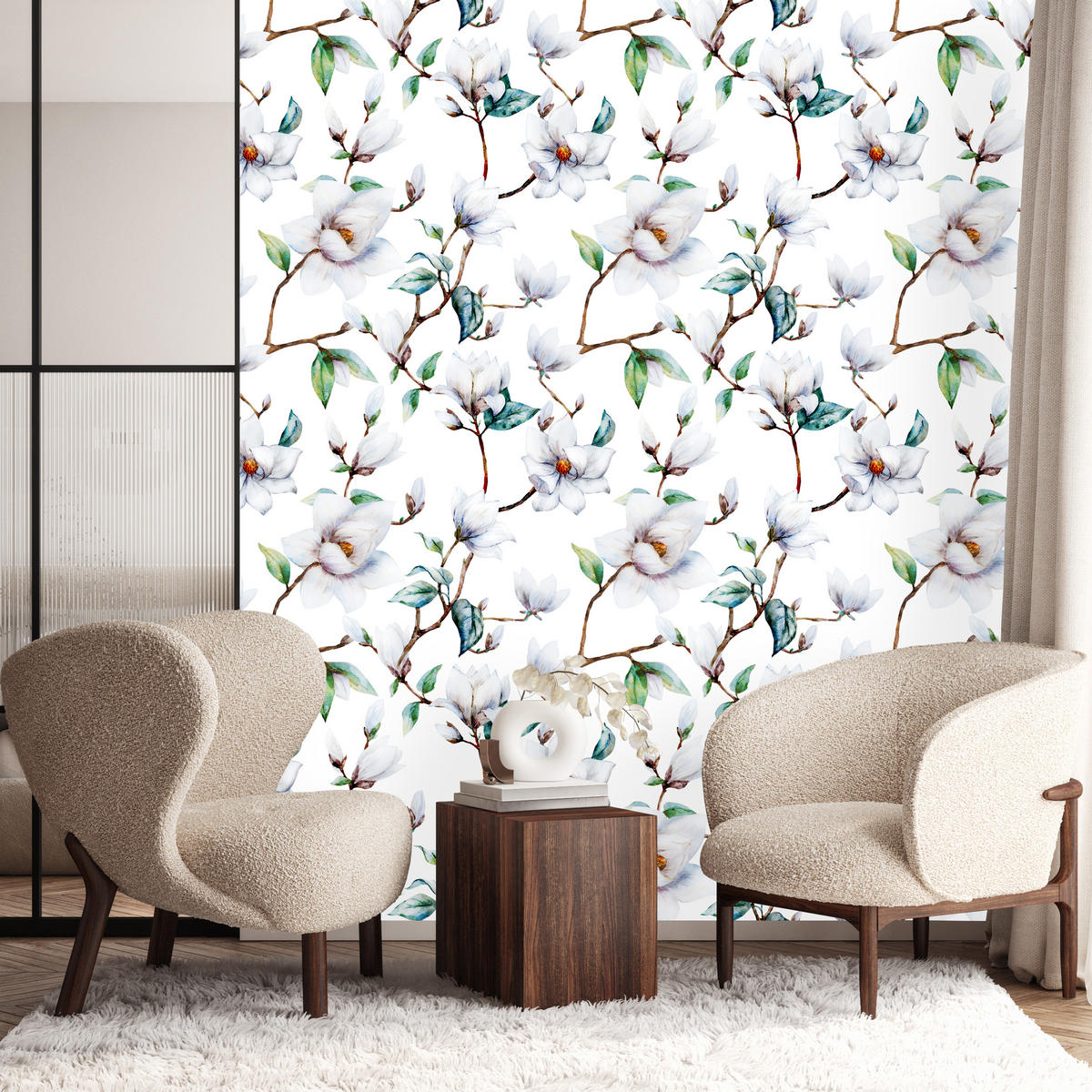VLIESTAPETE Magnolienblüten – Weiß, Grün, Hellblau – 50x1000 cm - Weiß/Hellblau, Papier (50/1000cm) - Muralo