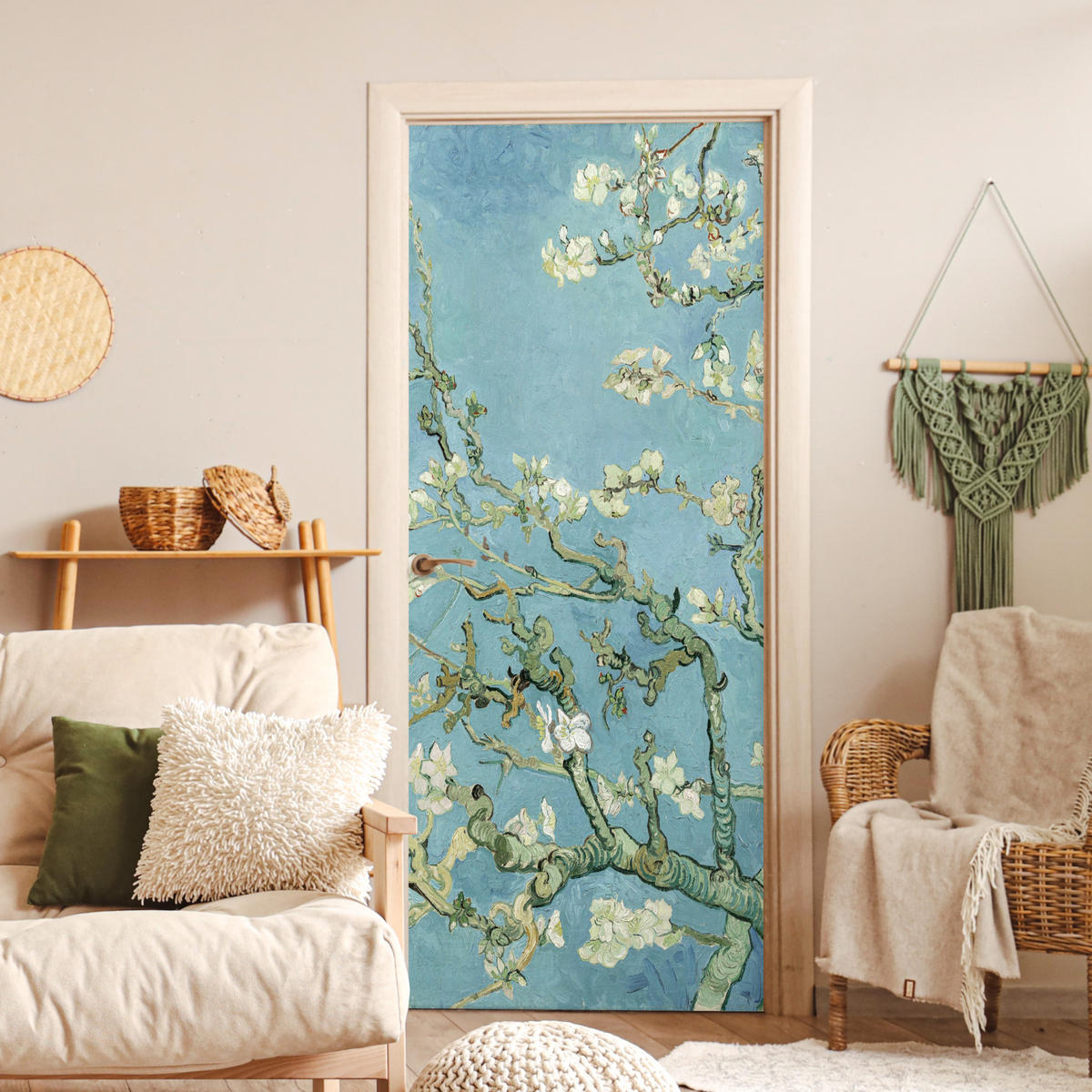 TÜRAUFKLEBER Mandelblüte - Van Gogh - Kunst 90x215 cm - Türtapete - Pastellblau, Kunststoff (90/0.1cm) - MuchoWow